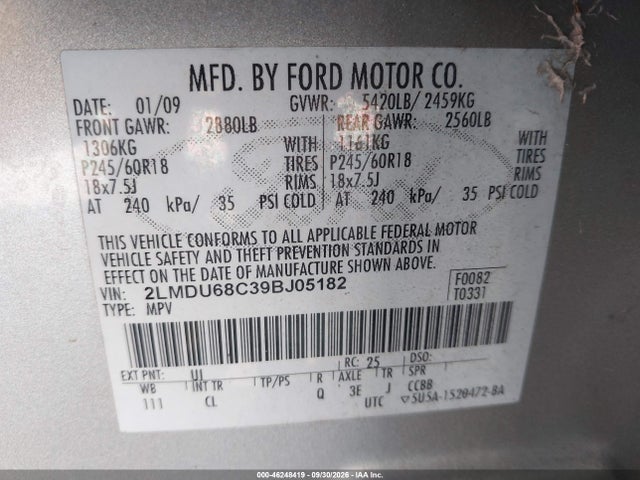 46248419 :رقم المزاد ، 2LMDU68C39BJ05182 vin ، 2009 Lincoln Mkx مزاد بيع