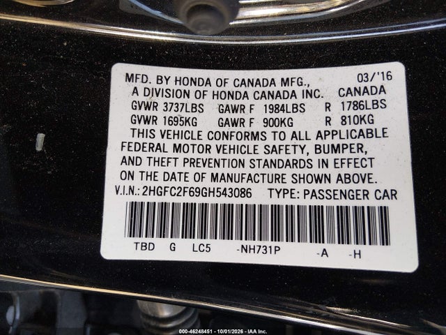 Aukcja sprzedaży 2016 Honda Civic Lx, vin: 2HGFC2F69GH543086, numer aukcji: 46248451