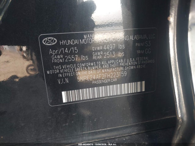2015 Hyundai Sonata Se მანქანა იყიდება აუქციონზე, vin: 5NPE24AF2FH223159, აუქციონის ნომერი: 46248474
