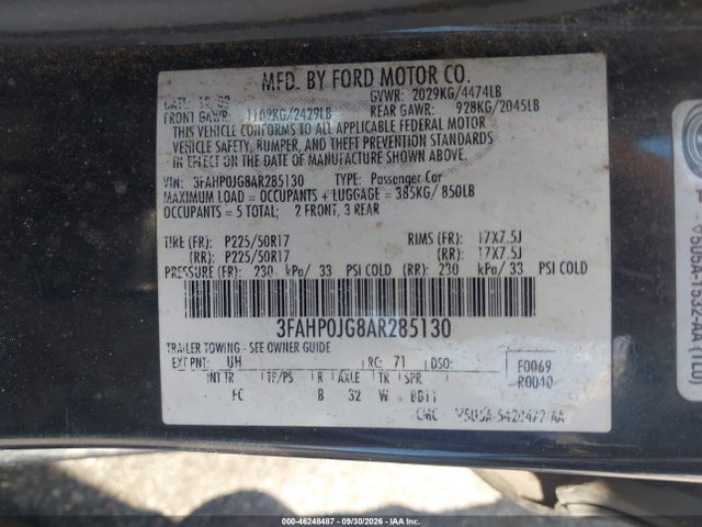 Продажа на аукционе авто 2010 Ford Fusion Sel, vin: 3FAHP0JG8AR285130, номер лота: 46248487