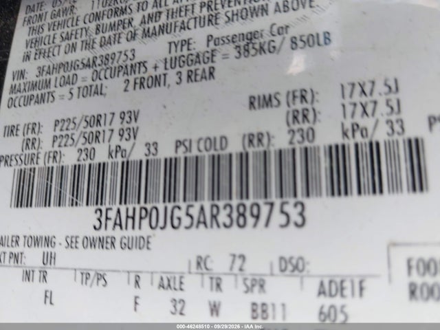 Aukcja sprzedaży 2010 Ford Fusion Sel, vin: 3FAHP0JG5AR389753, numer aukcji: 46248510