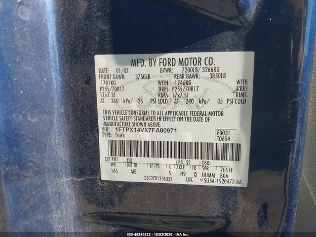 Продажа на аукционе авто 2007 Ford F-150 Fx4/lariat/xl/xlt, vin: 1FTPX14VX7FA80971, номер лота: 46248522