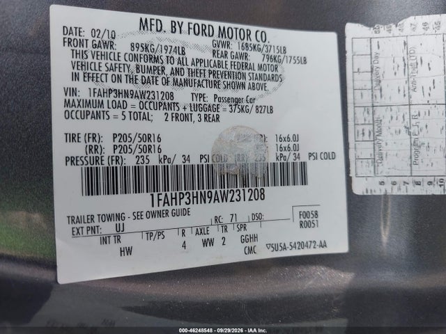 Aukcja sprzedaży 2010 Ford Focus Sel, vin: 1FAHP3HN9AW231208, numer aukcji: 46248548