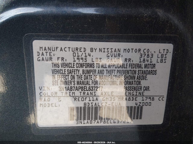 Продажа на аукционе авто 2014 Nissan Sentra S, vin: 3N1AB7AP8EL637217, номер лота: 46248564