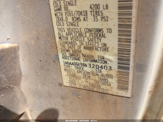 46248566 :رقم المزاد ، 1N6AA06E98N320403 vin ، 2008 Nissan Titan Xe مزاد بيع