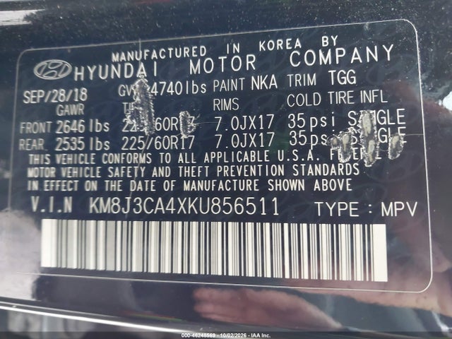 Aukcja sprzedaży 2019 Hyundai Tucson Value, vin: KM8J3CA4XKU856511, numer aukcji: 46248569