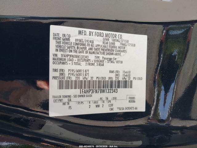 46248576 :رقم المزاد ، 1FAHP3FN7BW132343 vin ، 2011 Ford Focus Se مزاد بيع