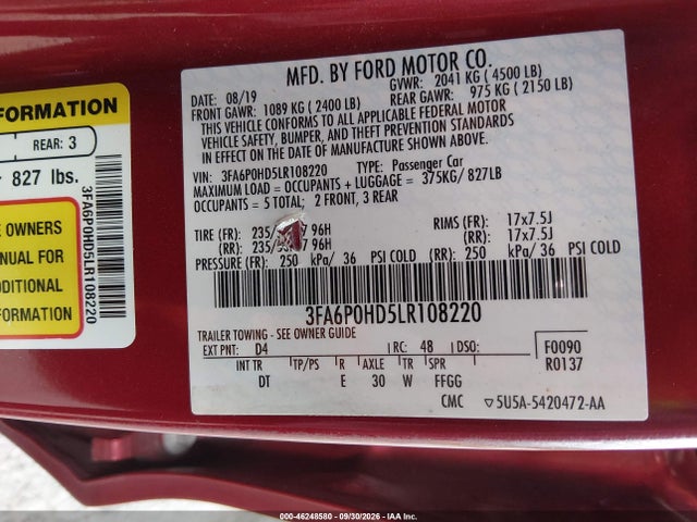 Продаж на аукціоні авто 2020 Ford Fusion Se, vin: 3FA6P0HD5LR108220, номер лоту: 46248580