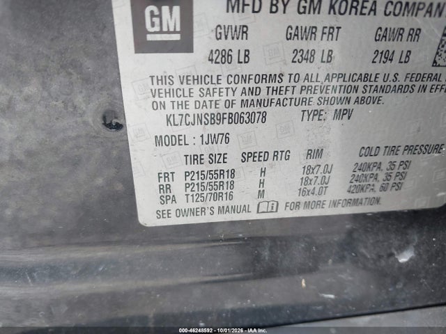 2015 Chevrolet Trax Ltz მანქანა იყიდება აუქციონზე, vin: KL7CJNSB9FB063078, აუქციონის ნომერი: 46248592