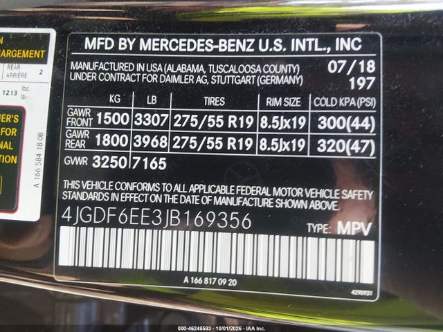 46248593 :رقم المزاد ، 4JGDF6EE3JB169356 vin ، 2018 Mercedes-benz Gls 450 4matic مزاد بيع