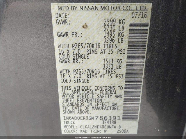 46248603 :رقم المزاد ، 1N6AD0ER9GN786391 vin ، 2016 Nissan Frontier Sv مزاد بيع