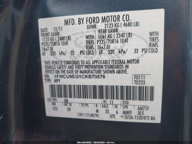 46248622 :رقم المزاد ، 1FMCU9EG1CKB70576 vin ، 2012 Ford Escape Limited مزاد بيع