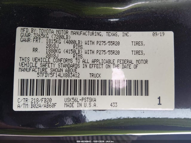 Aukcja sprzedaży 2020 Toyota Tundra Sr5, vin: 5TFDY5F14LX883412, numer aukcji: 46248642