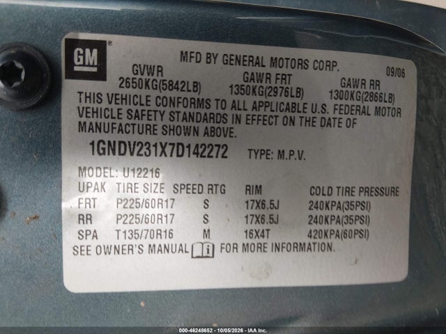 Aukcja sprzedaży 2007 Chevrolet Uplander Ls, vin: 1GNDV231X7D142272, numer aukcji: 46248652