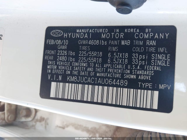 2010 Hyundai Tucson Limited მანქანა იყიდება აუქციონზე, vin: KM8JUCAC1AU064489, აუქციონის ნომერი: 46248673