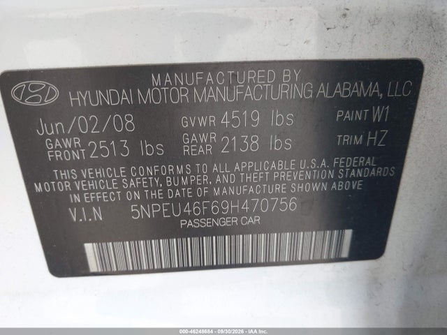 2009 Hyundai Sonata Se V6 მანქანა იყიდება აუქციონზე, vin: 5NPEU46F69H470756, აუქციონის ნომერი: 46248684