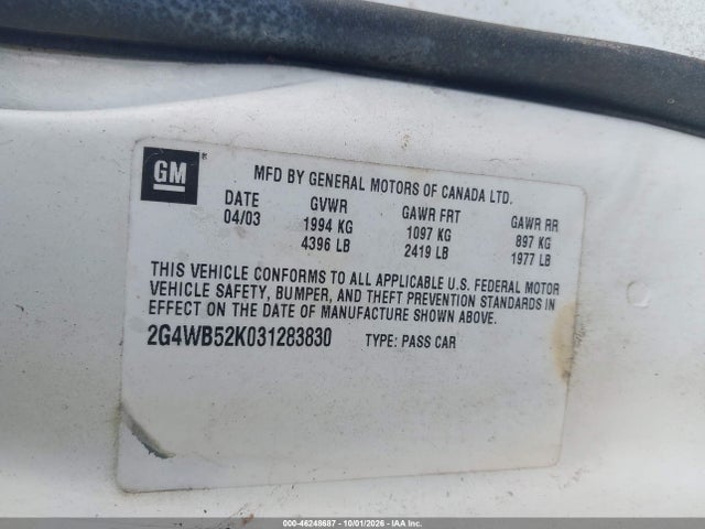 2003 Buick Regal Ls მანქანა იყიდება აუქციონზე, vin: 2G4WB52K031283830, აუქციონის ნომერი: 46248687