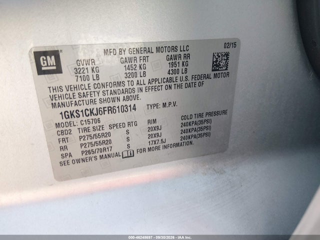 Aukcja sprzedaży 2015 Gmc Yukon Denali, vin: 1GKS1CKJ6FR610314, numer aukcji: 46248697