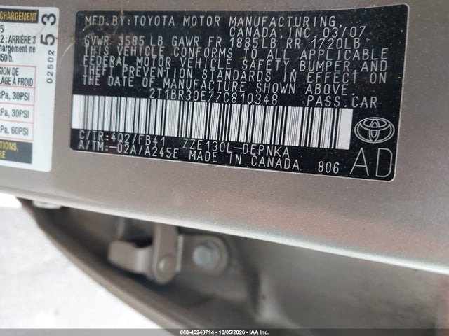 Aukcja sprzedaży 2007 Toyota Corolla Le, vin: 2T1BR30E77C810348, numer aukcji: 46248714