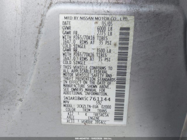 46248753 :رقم المزاد ، 5N1AR18WX5C761144 vin ، 2005 Nissan Pathfinder Se مزاد بيع
