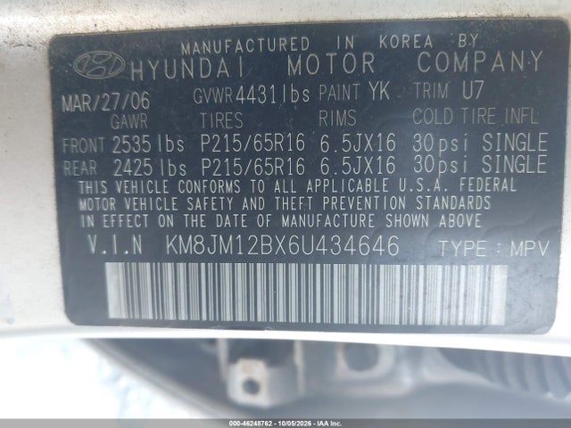 Продаж на аукціоні авто 2006 Hyundai Tucson Gl, vin: KM8JM12BX6U434646, номер лоту: 46248762