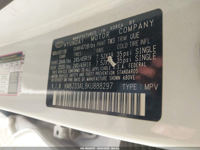 2019 Hyundai Tucson Sport მანქანა იყიდება აუქციონზე, vin: KM8J33AL8KU888297, აუქციონის ნომერი: 46248767