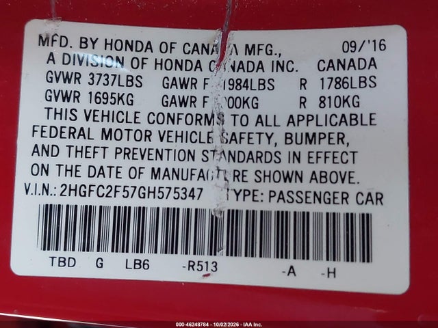 2016 Honda Civic Lx მანქანა იყიდება აუქციონზე, vin: 2HGFC2F57GH575347, აუქციონის ნომერი: 46248784