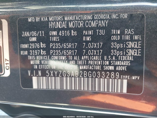 2011 Hyundai Santa Fe Gls მანქანა იყიდება აუქციონზე, vin: 5XYZG3AB2BG033289, აუქციონის ნომერი: 46248803