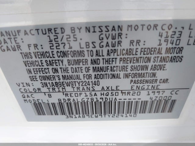 Продажа на аукционе авто 2026 Nissan Sentra Sl, vin: 3N1AB9EW9TY224140, номер лота: 46248833