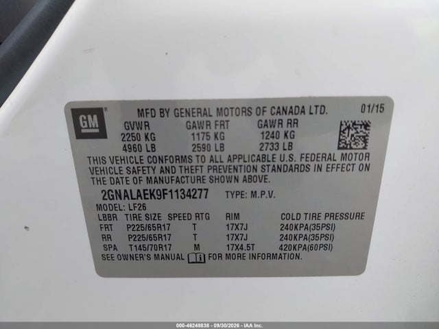 2015 Chevrolet Equinox Ls მანქანა იყიდება აუქციონზე, vin: 2GNALAEK9F1134277, აუქციონის ნომერი: 46248838