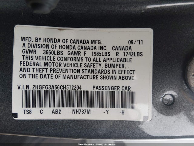 Продаж на аукціоні авто 2012 Honda Civic Lx, vin: 2HGFG3A56CH512204, номер лоту: 46248846