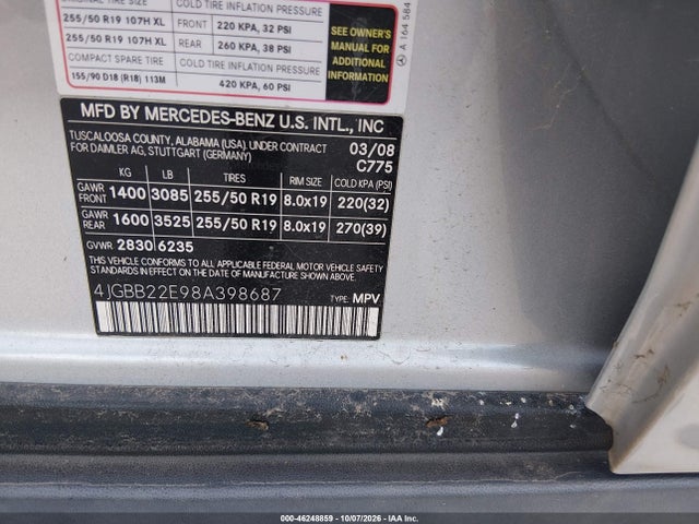 Aukcja sprzedaży 2008 Mercedes-benz Ml 320 Cdi 4matic, vin: 4JGBB22E98A398687, numer aukcji: 46248859