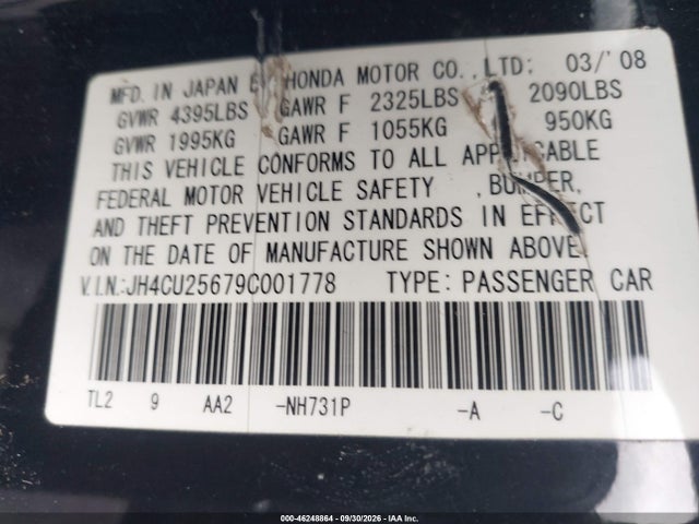 Aukcja sprzedaży 2009 Acura Tsx, vin: JH4CU25679C001778, numer aukcji: 46248864