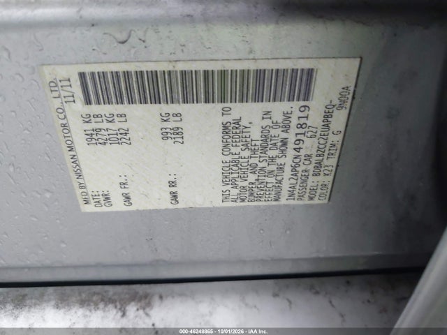 Aukcja sprzedaży 2012 Nissan Altima 2.5 S, vin: 1N4AL2AP6CN491819, numer aukcji: 46248865