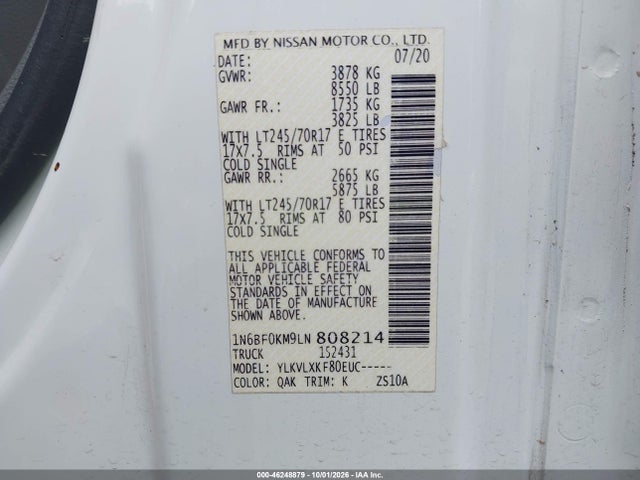 2020 Nissan Nv Cargo Nv1500 Sv Standard Roof V6 მანქანა იყიდება აუქციონზე, vin: 1N6BF0KM9LN808214, აუქციონის ნომერი: 46248879