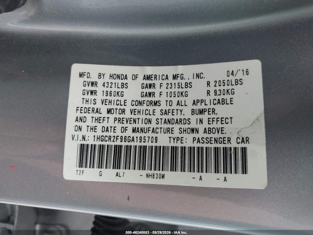 Aukcja sprzedaży 2016 Honda Accord Ex-l, vin: 1HGCR2F96GA195709, numer aukcji: 46248883