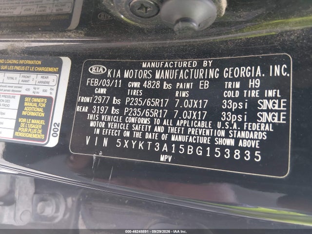 Продажа на аукционе авто 2011 Kia Sorento Lx, vin: 5XYKT3A15BG153835, номер лота: 46248891