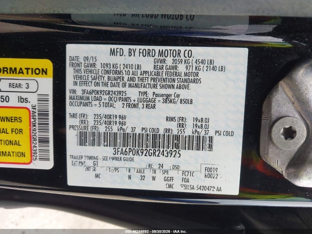 Продаж на аукціоні авто 2016 Ford Fusion Titanium, vin: 3FA6P0K92GR243925, номер лоту: 46248892