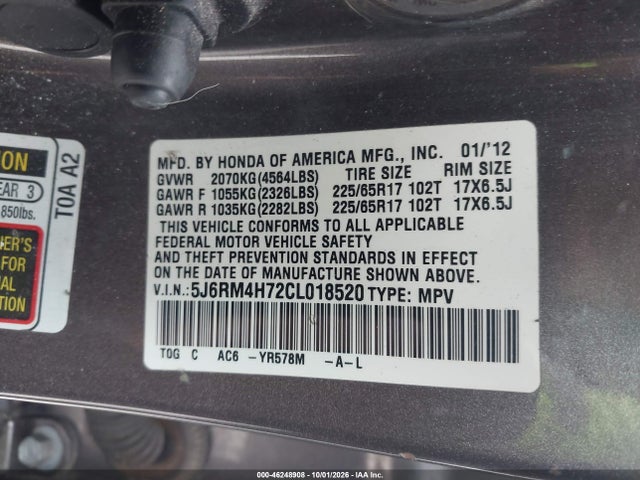 Aukcja sprzedaży 2012 Honda Cr-v Ex-l, vin: 5J6RM4H72CL018520, numer aukcji: 46248908