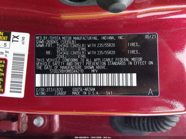 Aukcja sprzedaży 2021 Toyota Highlander Limited, vin: 5TDDZRBH9MS544210, numer aukcji: 46248910