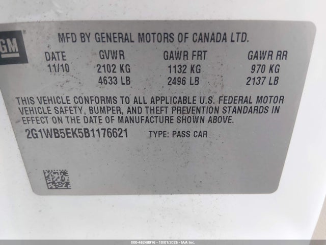 2011 Chevrolet Impala Lt მანქანა იყიდება აუქციონზე, vin: 2G1WB5EK5B1176621, აუქციონის ნომერი: 46248916