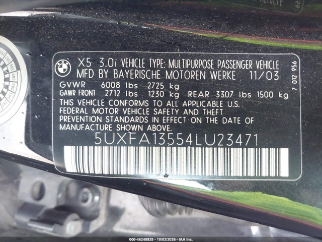 Aukcja sprzedaży 2004 Bmw X5 3.0i, vin: 5UXFA13554LU23471, numer aukcji: 46248928