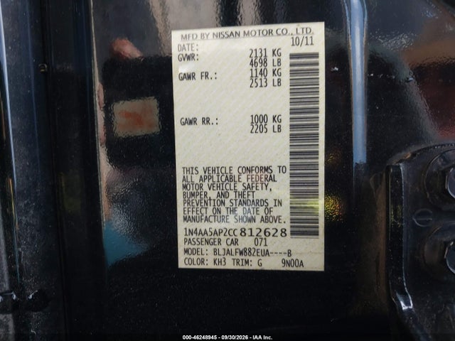 2012 Nissan Maxima 3.5 Sv მანქანა იყიდება აუქციონზე, vin: 1N4AA5AP2CC812628, აუქციონის ნომერი: 46248945