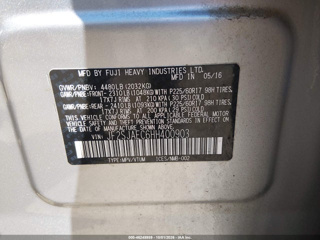 Продаж на аукціоні авто 2017 Subaru Forester 2.5i Premium, vin: JF2SJAEC6HH400903, номер лоту: 46248959