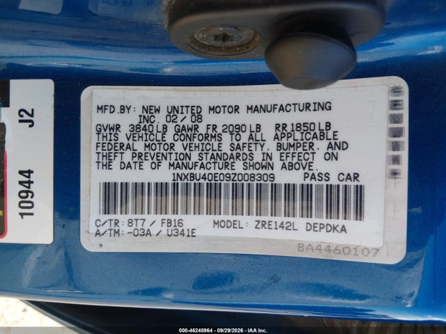 2009 Toyota Corolla Le მანქანა იყიდება აუქციონზე, vin: 1NXBU40E09Z008309, აუქციონის ნომერი: 46248964