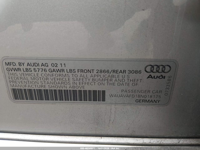 2011 Audi A8 4.2 (tiptronic) მანქანა იყიდება აუქციონზე, vin: WAUAVAFD1BN018175, აუქციონის ნომერი: 46248971