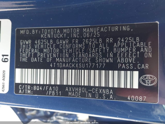 Продаж на аукціоні авто 2025 Toyota Camry Le, vin: 4T1DAACKXSU177177, номер лоту: 46248987