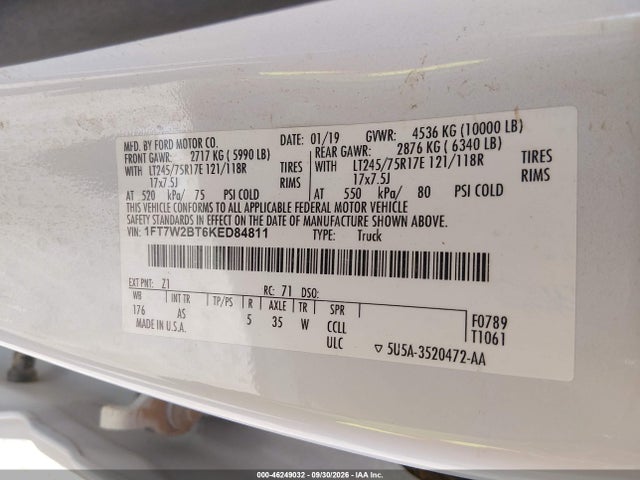 2019 Ford F-250 Xl მანქანა იყიდება აუქციონზე, vin: 1FT7W2BT6KED84811, აუქციონის ნომერი: 46249032