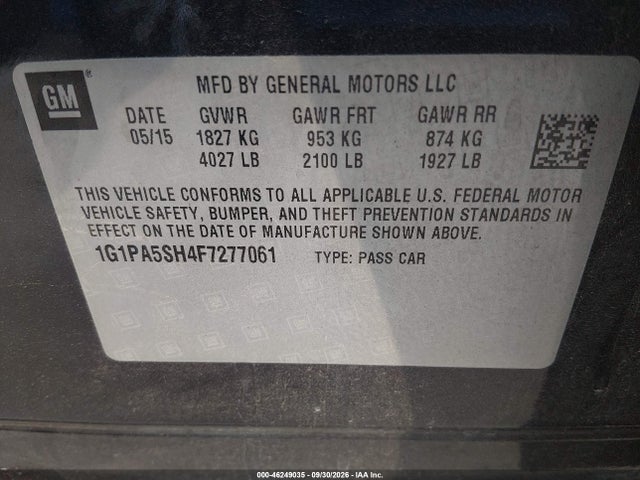 Продажа на аукционе авто 2015 Chevrolet Cruze Ls Auto, vin: 1G1PA5SH4F7277061, номер лота: 46249035