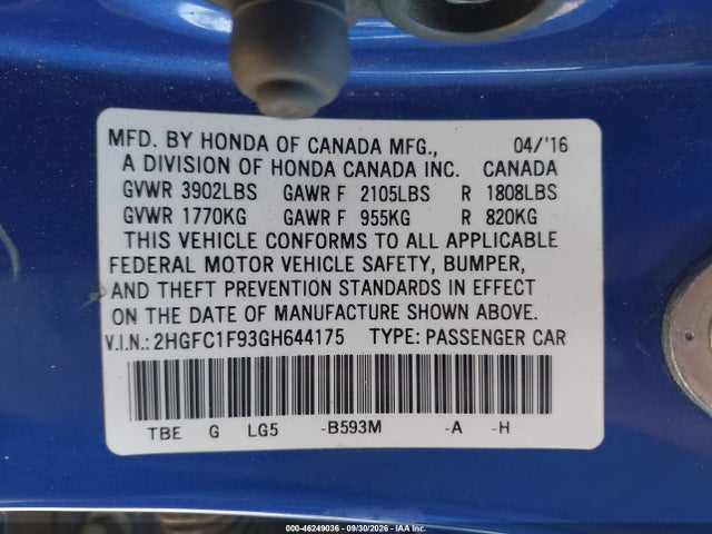 Продажа на аукционе авто 2016 Honda Civic Touring, vin: 2HGFC1F93GH644175, номер лота: 46249036